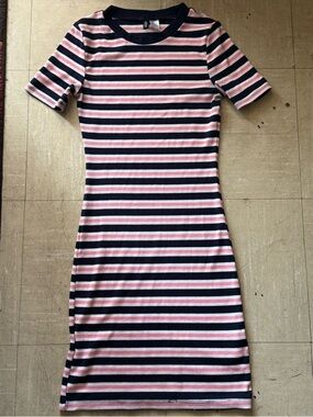 H&M Navy, Pink and White Striped Short-Sleeve Midi Dress